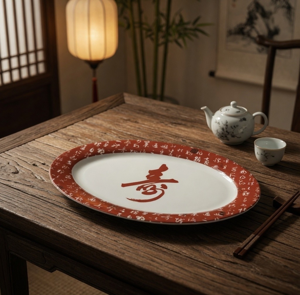 Chinese Calligraphy Shou Oval Serving Platter Red White Porcelain 14x9.5" EXC